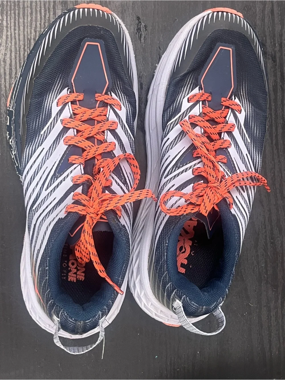 Hoka Navy Running Sneakers with Orange Laces